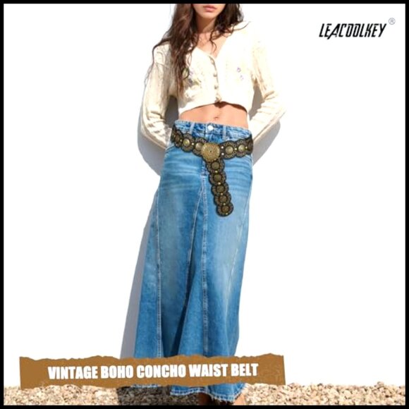 Western Leather Belt Hollow Disc Concho Adjustable Vintage Boho Chic